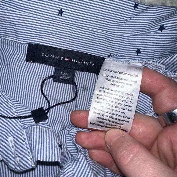Tommy Hilfiger Large Blue White Stripe Star Pattern Ruffle LS Button Blouse NWOT - Picture 7 of 10